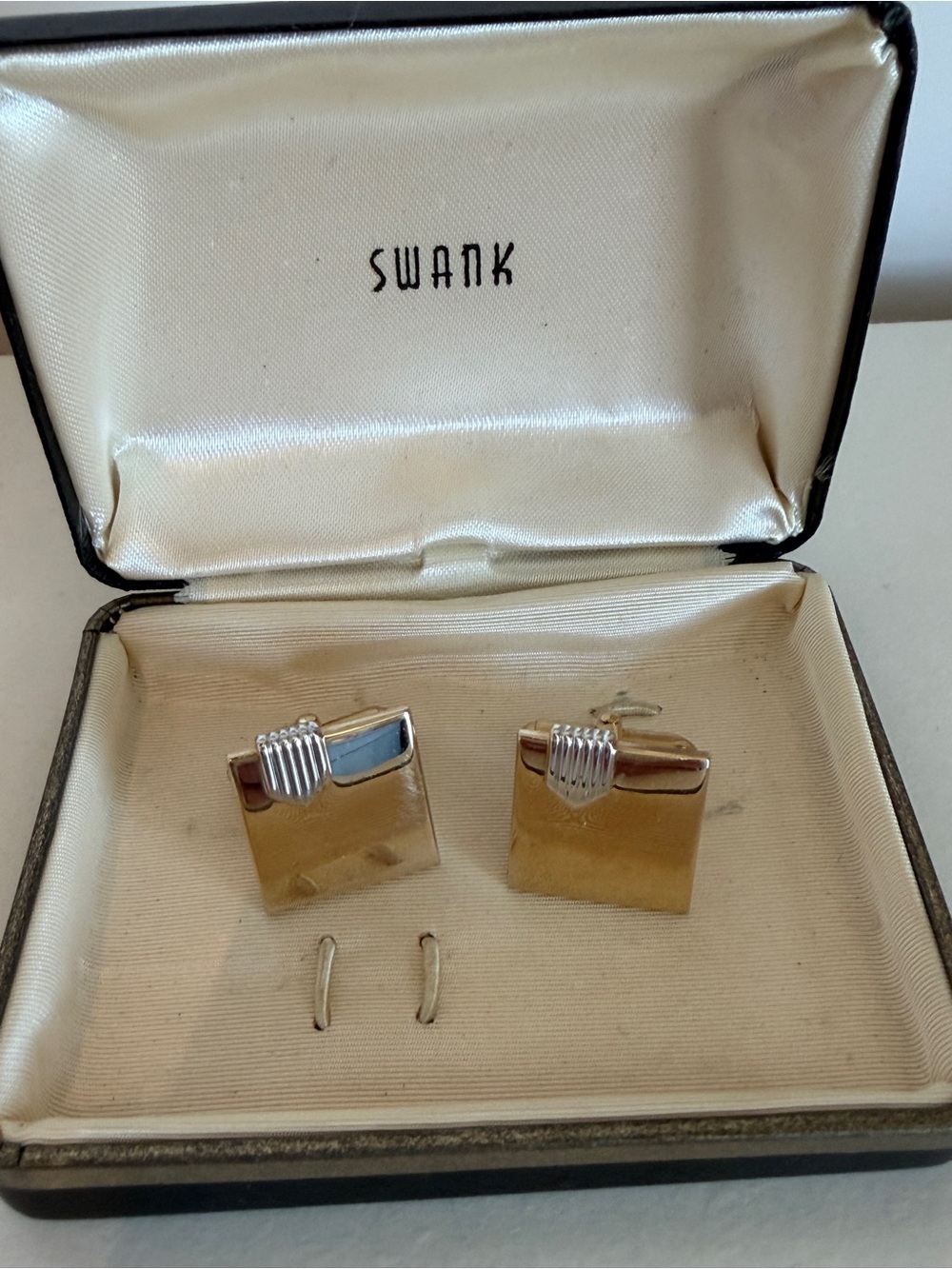 Vintage SWANK Gold Tone Square Cufflinks MCM Silver Ribbed Two-Tone